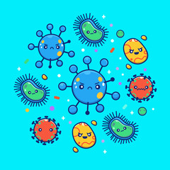 Cute Virus Set Vector Icon Illustration. Corona Virus Collection Cartoon Character. Health Icon Concept White Isolated. Flat Cartoon Style Suitable for Web Landing Page, Banner, Flyer, Sticker, Card