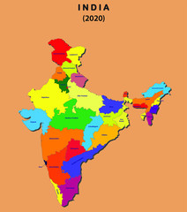 3D map of India. all new states name in India with different colour. India map 2020 .