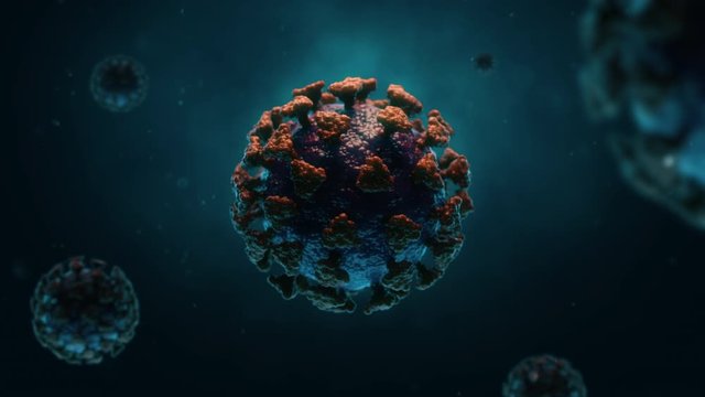 COVID 19 Coronavirus 3D Animation.  Accurate model of dangerous pandemic virus cell close up under microscope. 