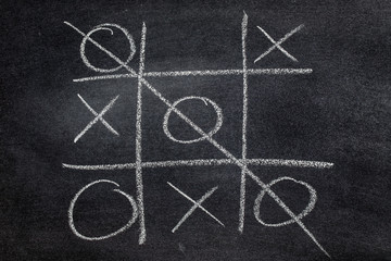 Abstract Tic Tac Toe Game Competition. XO Win Challecge Concept on black board
