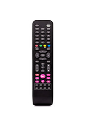 Black TV remote control with a pink button on a white background or isolated
