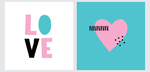 Colorful Handwritten Love Inscription Isolated on a White Background.Funny 90s Style Vector Illustration.Simple Abstract Romantic Print with  Pink Heart Isolated on a Blue Layout. Valentine's Day Art.