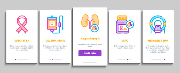 Cancer Human Disease Onboarding Mobile App Page Screen Vector. Stomach And Intestines, Brain And Kidneys, Liver And Lungs Cancer, Research And Treatment Color Contour Illustrations