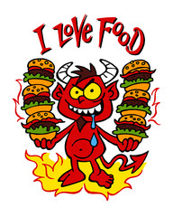 Devil gourmet and eater with hands full of hamburgers and saliva on his lip, I love food, color cartoon
