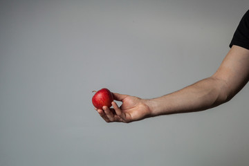 Male hand holding a red apple on a gray wall background