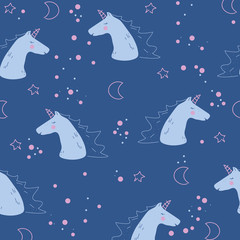Unicorn hand drawn vector pattern. The head of a cartoon animal named flat clipart. Drawing of the sleeping unicorn of the star of the month in the Scandinavian style. Children's book illustration.