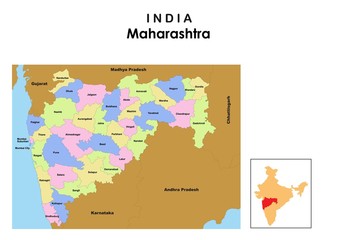 Maharashtra map. district names in Maharashtra. Maharashtra map with border. Maharashtra location in India map.