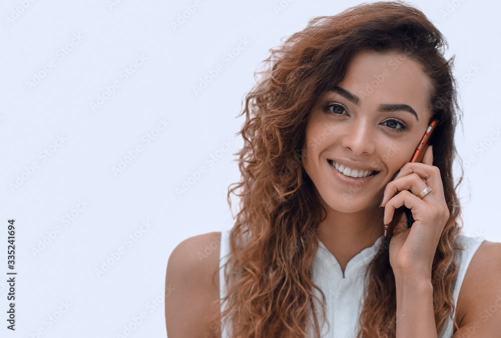 Sticker closeup. business woman with a smartphone