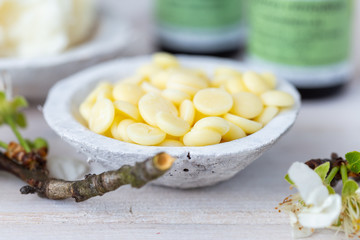 Cacao butter yellow buttons in a white coconut cup with spring flowers on a white table.
