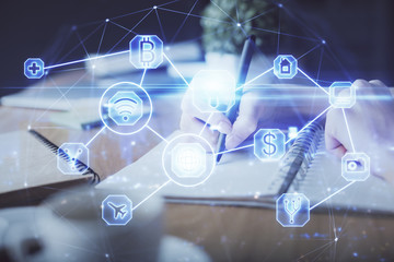 Social network theme hologram over woman's hands writing background. Concept of international people connect. Double exposure