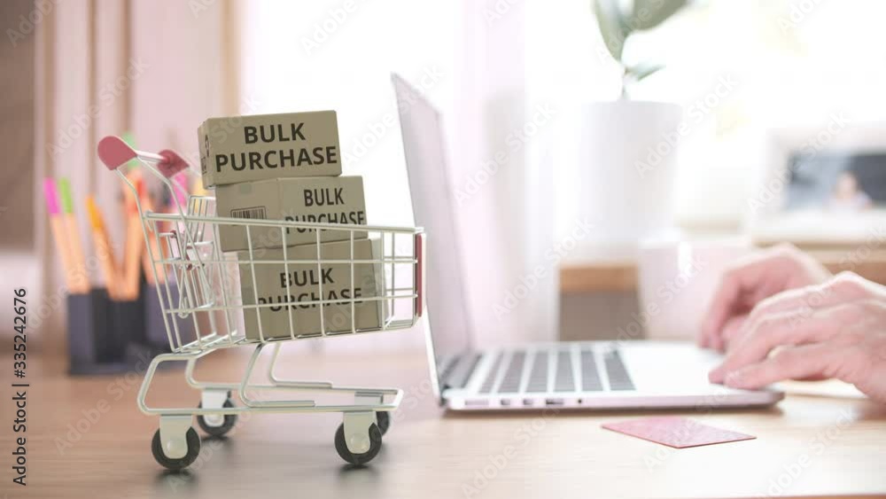 Aufkleber boxes with bulk purchase text fall in shopping cart right after placing order by customer on the lap