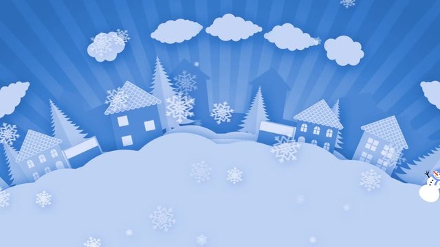 Snowy Evening in a Small Town. Little parishes of churches. Animatead Loop. Winter design of craft art