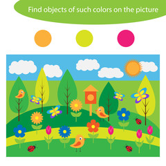 Find objects of same colors, spring game for children in cartoon style, education game for kids, preschool worksheet activity, task for the development of logical thinking, vector illustration