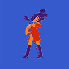 Professional jazz singer, vocalist or songstress wearing elegant red evening dress and holding microphone stand. Female cartoon character isolated on blue background. Vector illustration.