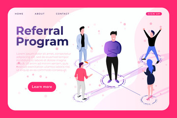 Referral program landing page concept with illustration of man and his friends who affiliated by him.