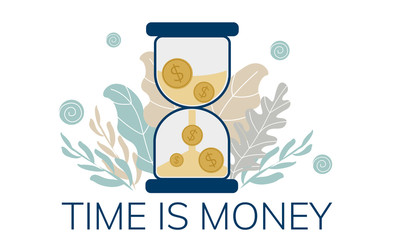  Simple, flat illustration of an hourglass and coins. The concept of time is money. 