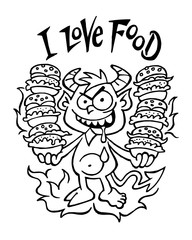 Devil gourmet and eater with hands full of hamburgers and saliva on his lip, I love food, black and white cartoon