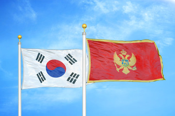South Korea and Montenegro two flags on flagpoles and blue cloudy sky