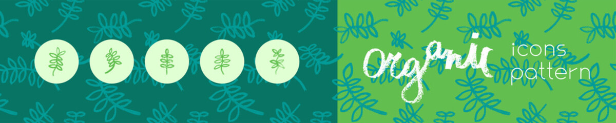 Fototapeta na wymiar Vector hand drawn herbal pattern for hydroponics and microgreens concept. Floral seamless background with leaves ornament for tea label and Bio food banner with chalk texture. Organic farm design.