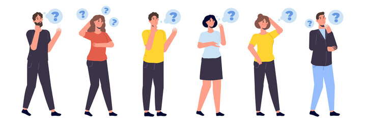 Group of  Thoughtful people. Men and women solving problem. Vector illustration.