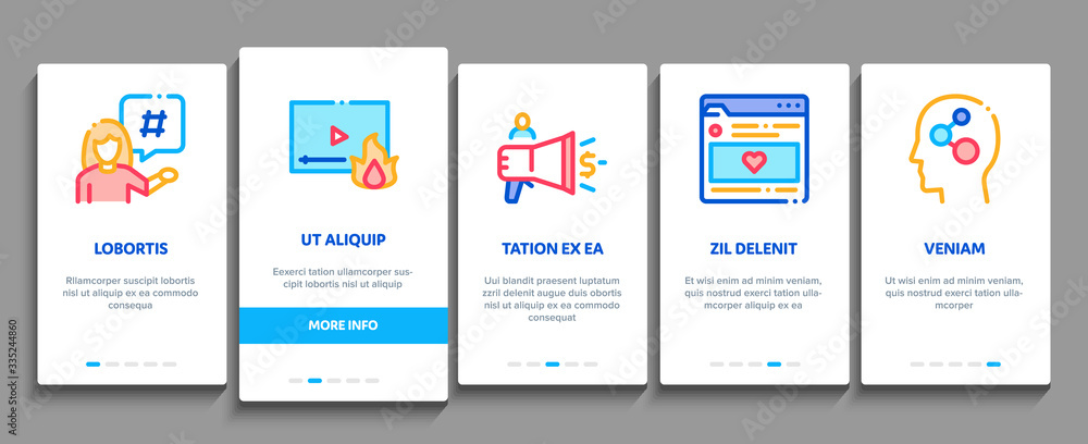 Poster blogger internet social channel onboarding mobile app page screen vector. blogger web site and likes