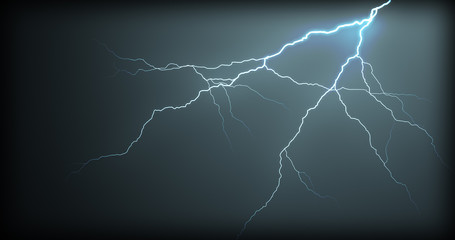 Lightning strikes on a black background with realistic reflections