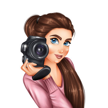 Beautiful girl with a camera. Hand drawn girl illustration