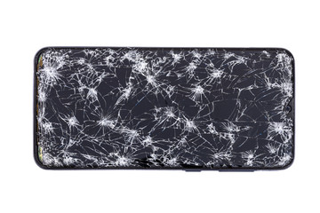 Closeup of Modern mobile smart phone with broken, cracked screen isolated on white background. Select focus and clipping path for use