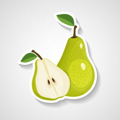 Pear sticker vector illustration. Cartoon sticker with white contour in comics style. Decoration for patches, emblems, prints for clothes, cards, posters.
