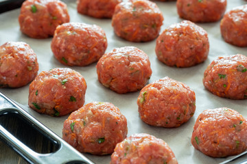 Raw cutlets of ground beef with carrots and herbs before the oven on a baking