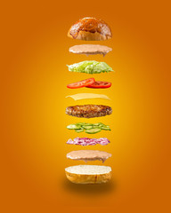Burger ingredients onion floating, yellow orange light background, isolated, vertical