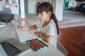young caucasian girl drawing at home, on-line art calss, home schooling, stay home education