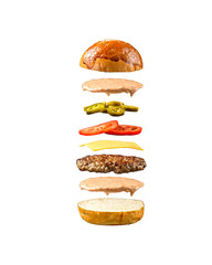 Fototapeta na wymiar Jalapeno burger ingredients floating, white background, isolated, vertical