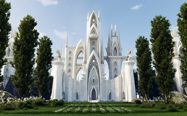 Medieval Fantasy Castle/Cathedral hidden in forest, Front View, Architecture Illustration, 3D Rendering © Isidora BanovicBelic