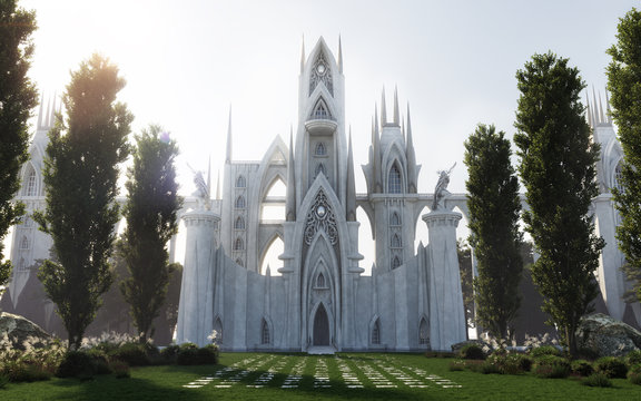 Medieval Fantasy Castle/Cathedral hidden in forest, Front View, Architecture Illustration, 3D Rendering