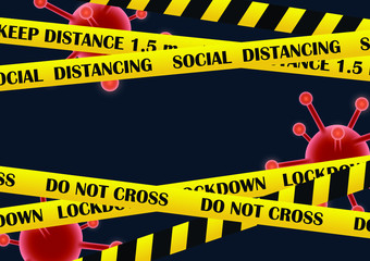 social distancing in do not cross tape line for keep distance in public for protecting from coronavirus (COVID-19) outbreak with copyspace in the middle - 335248644
