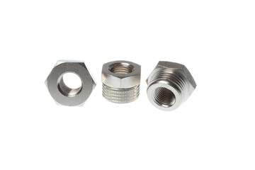 Set of metal nipple reducers. Inner and outer thread 1/4" to 1/2". Hex head. Isolated on white background
