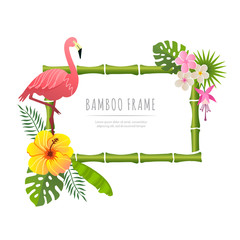rectangle bamboo frame with flamingo vector illustration on a white background