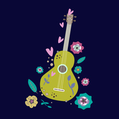 guitar on a dark background flowers hearts