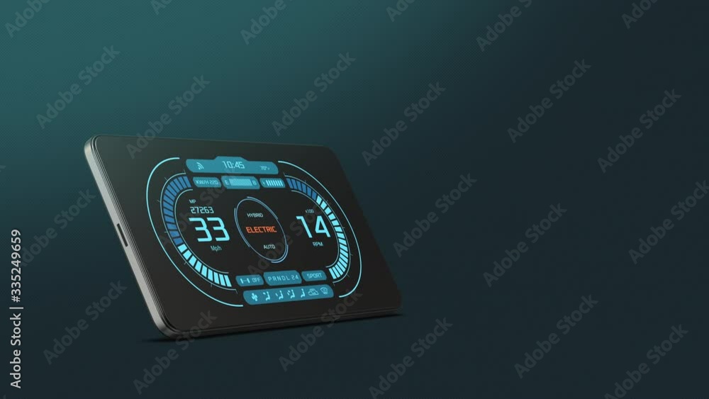 Poster smartphone with an app for remote control of an hybrid car, changing drive mode (3d render)