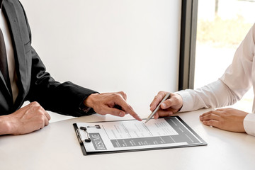 Business people hold a job profile and talk to job applicants for job interviews about careers and business concepts