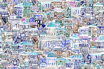 Abstract architectural seamless pattern. Cartoon cityscape. Background.