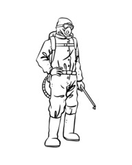 Medical team in personal protective equipment (PPE) to protect against virus outbreak infections (COVID-19, Ebola, and SARS). Isolated hand drawn in thin line style vector illustration