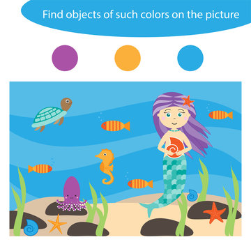 Find objects of same colors, game for children in cartoon style, education game for kids, preschool worksheet activity, task for the development of logical thinking, vector illustration