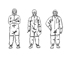 Fototapeta na wymiar Medical team in personal protective equipment (PPE) to protect against virus outbreak infections (COVID-19, Ebola, and SARS). Isolated hand drawn in thin line style vector illustration
