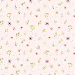 Сhildren's watercolor seamless pattern. Floral and colorful polka dot background. Design of flowers, leaves, circles and butterfly. Perfect for textile, fabric, wrapping paper, linens, wallpaper etc