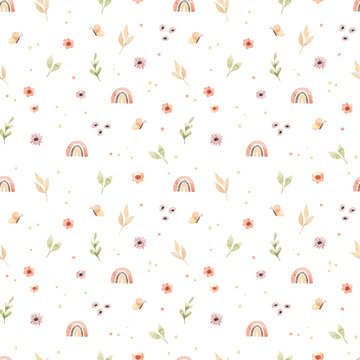 Сhildren's watercolor seamless pattern. Floral and colorful polka dot background. Design of flowers, rainbow, circles and butterfly. Perfect for textile, fabric, wrapping paper, linens, wallpaper etc