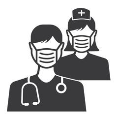 Doctor and nurse,  Black vector illustration isolated on white.