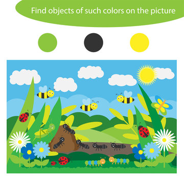 Find objects of same colors, insects game for children in cartoon style, education game for kids, preschool worksheet activity, task for the development of logical thinking, vector illustration