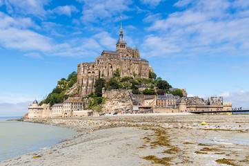 Mont Saint Michel, France. Scenic view of the fortress and island at low tide